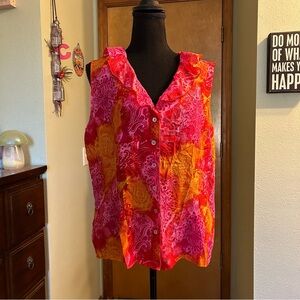 Tess silk orange and pink floral sleeveless blouse ruffles mother of pearl XL